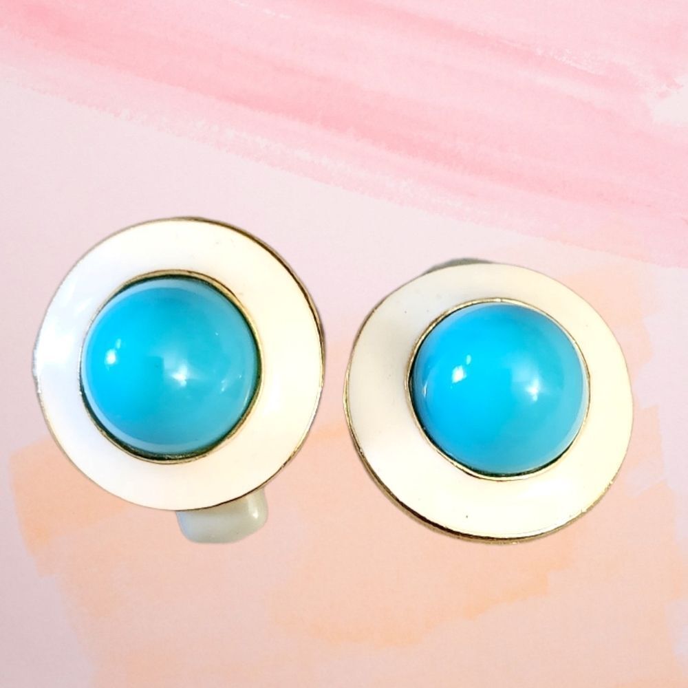 Turquoise and White Round Earrings by Lambert